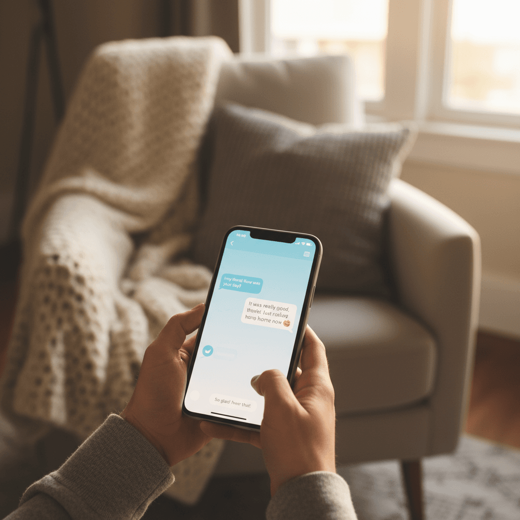 Hands holding smartphone with WhatsApp chat open