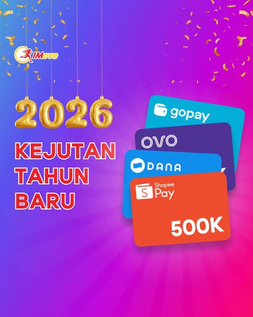Promo Kejutan Tahun Baru 2026 iMove menampilkan balon emas dan kartu saldo dompet digital 500K.