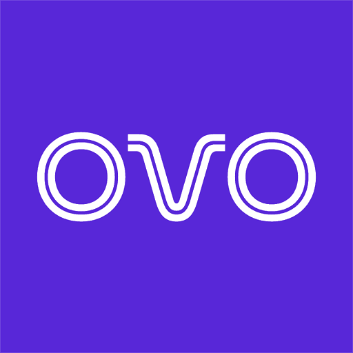 Logo OVO putih dengan desain garis ganda modern di atas latar belakang ungu solid.