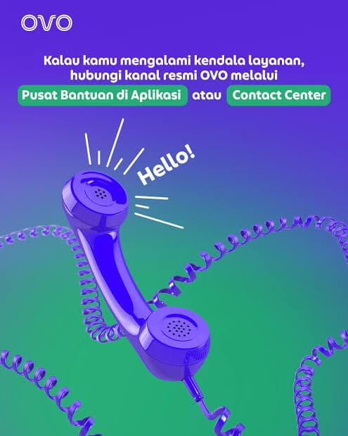 Poster OVO menampilkan gagang telepon ungu melayang dengan instruksi menghubungi pusat bantuan resmi aplikasi.