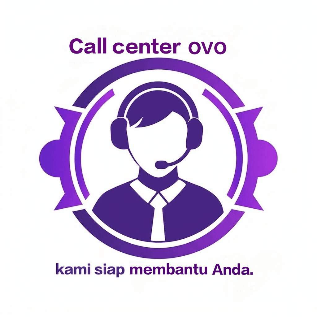 Ilustrasi ungu call center OVO menampilkan agen menggunakan headset dengan teks kami siap membantu Anda.
